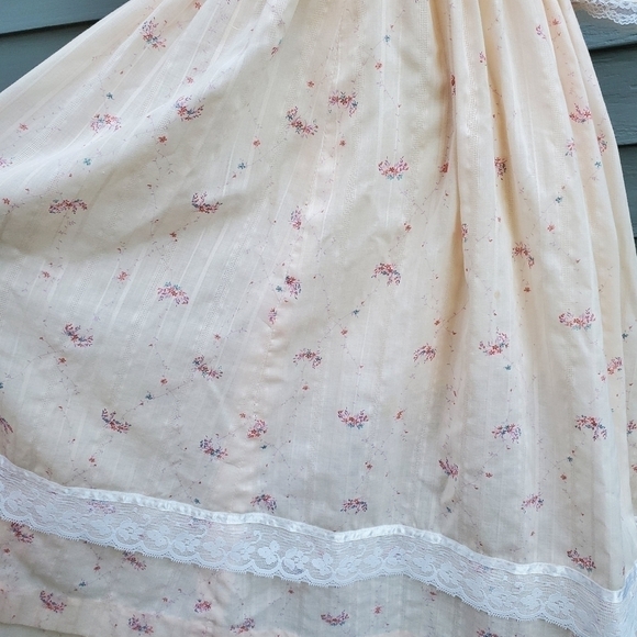 Vintage 70s Handmade Cottagecore Prairie Peach Pink Floral Lace Midi Dress Sm - Picture 5 of 8